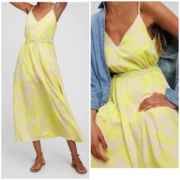 GAP Dresses & Skirts - NWt GAP Neon Yellow L Floral Cami Midi Dress NWT Tie Waist Summer Sundress
